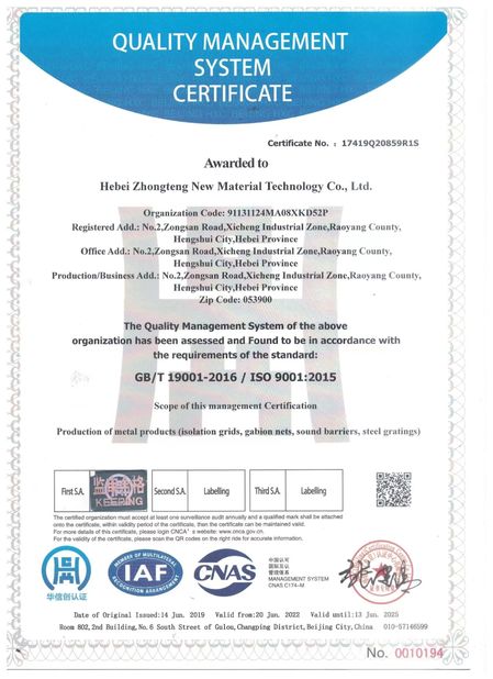 Porcellana Hebei Zhongteng New Material Technology Co., Ltd Certificazioni